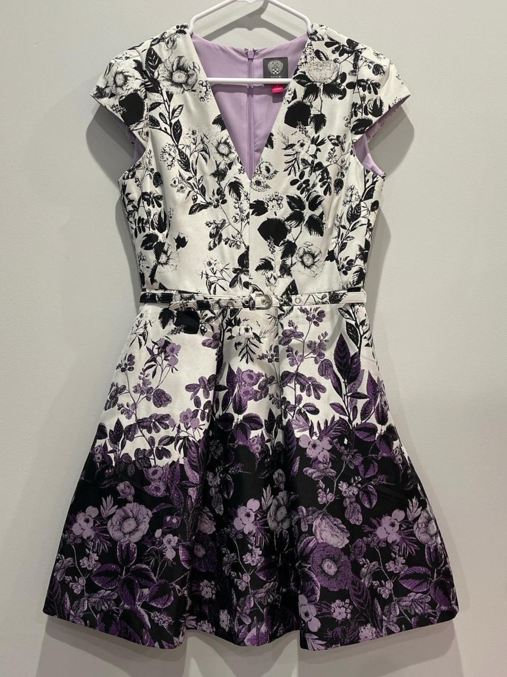 Vince Camuto Floral V-Neck Fit & Flare Dress in White and Purple w/ Pockets